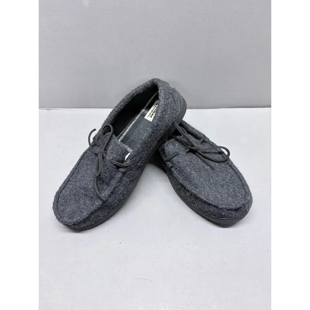 Dluxe by Dearfoams Mens Large 11-12 Charcoal Gray Moccasin Slipper Plaid Fleece